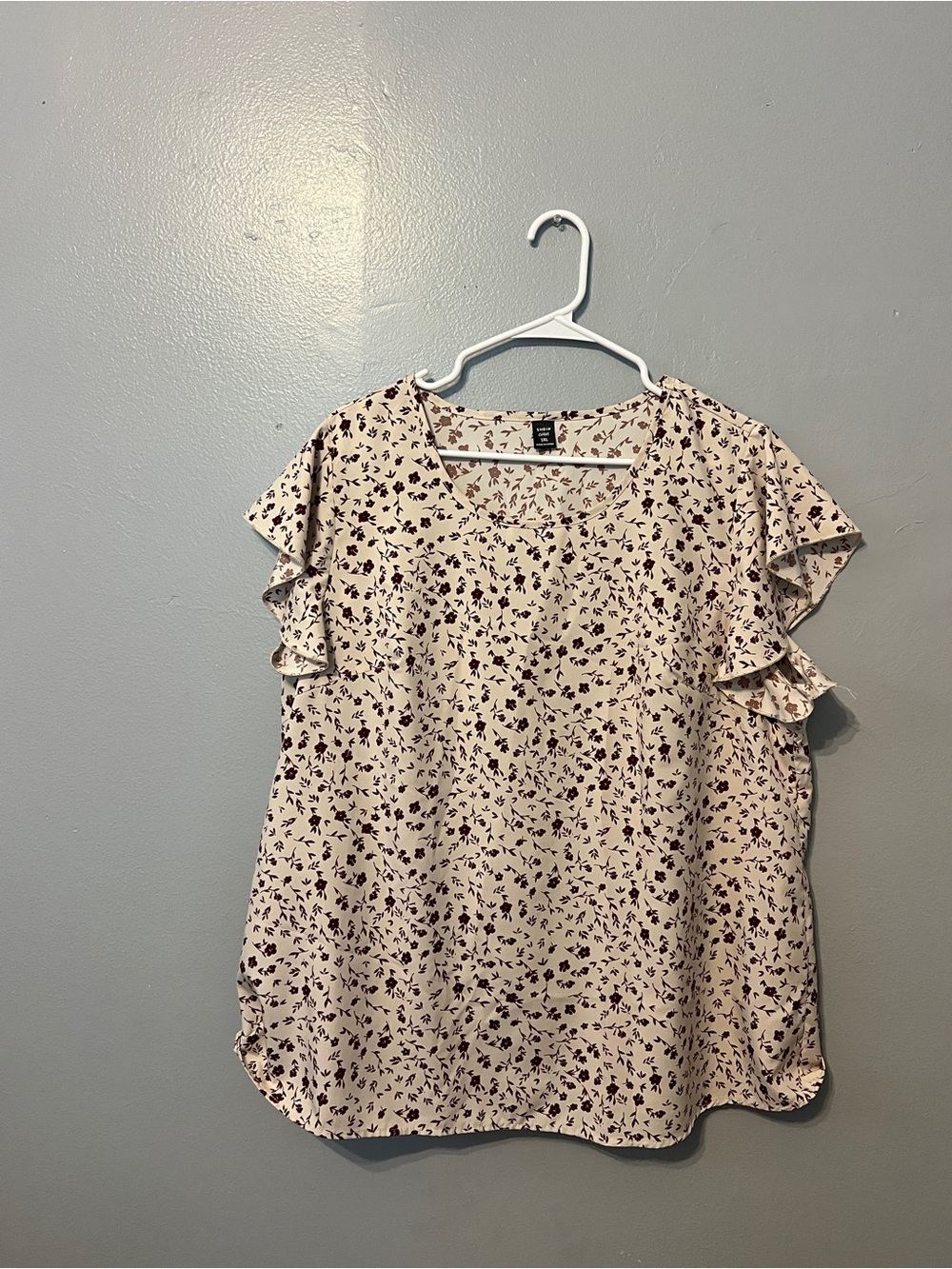 SHEIN Cream Blouse with Dark Floral Print and Ruffle Sleeves